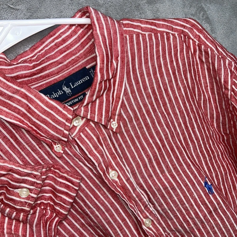 Polo Ralph Lauren Custom Fit 100%Linen Red Vertical Stripe Long Sleeve Shirt 2XL